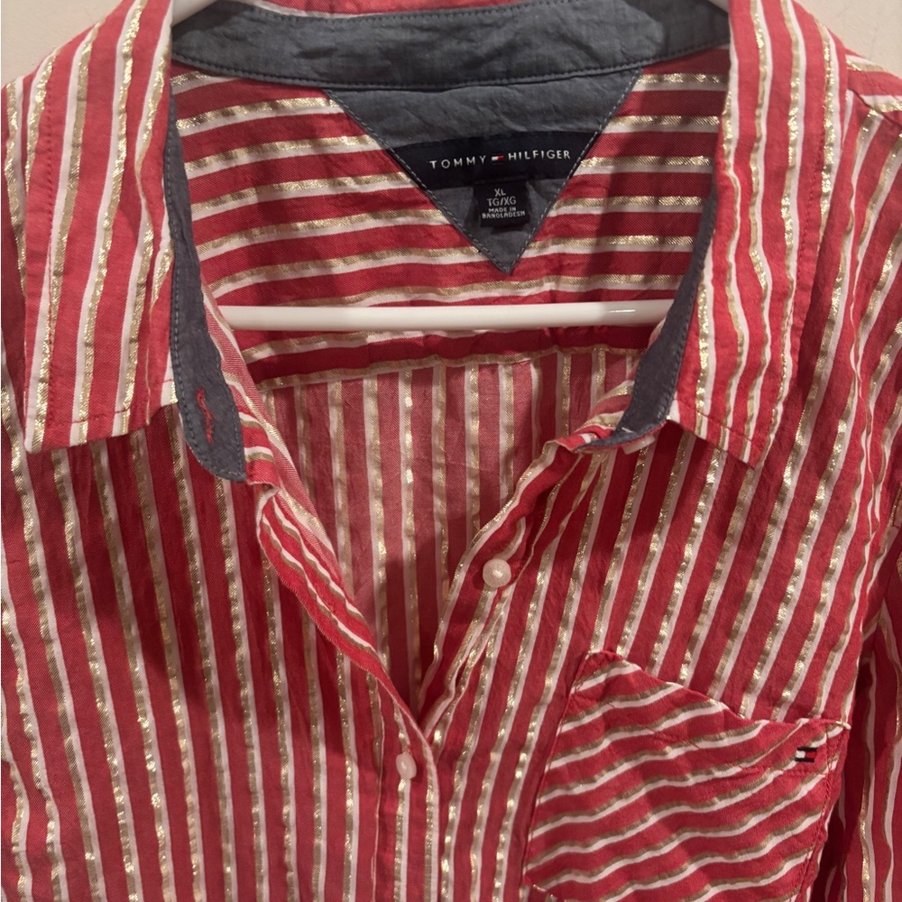 Tommy Hilfiger Red and White Striped Button-Down Shirt - Picture 3 of 7